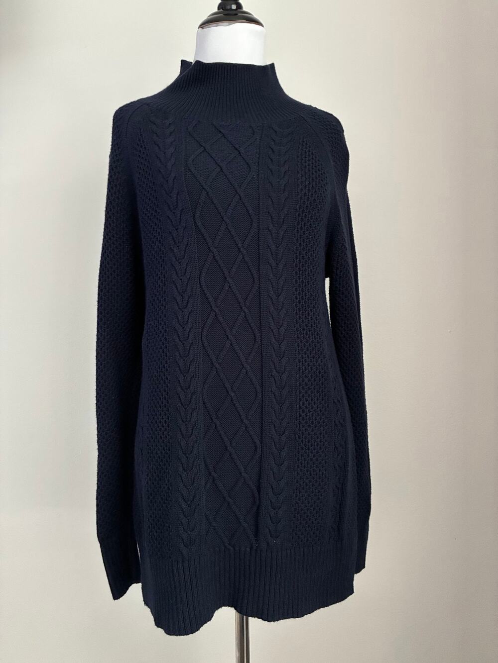 LOFT Womens S Navy Cable Knit Sweater Tunic Mock Neck Long Sleeve Cotton Blend